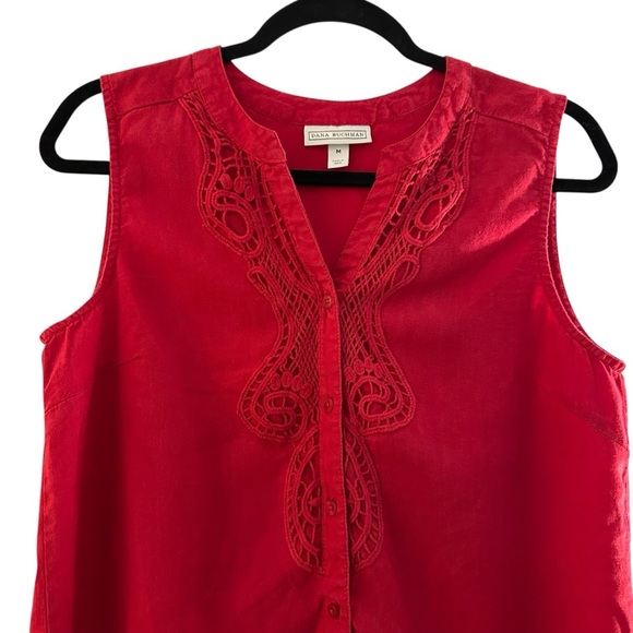 Dana Buchman linen blend red sleeveless top Size L Button down with embroidery - Picture 3 of 9